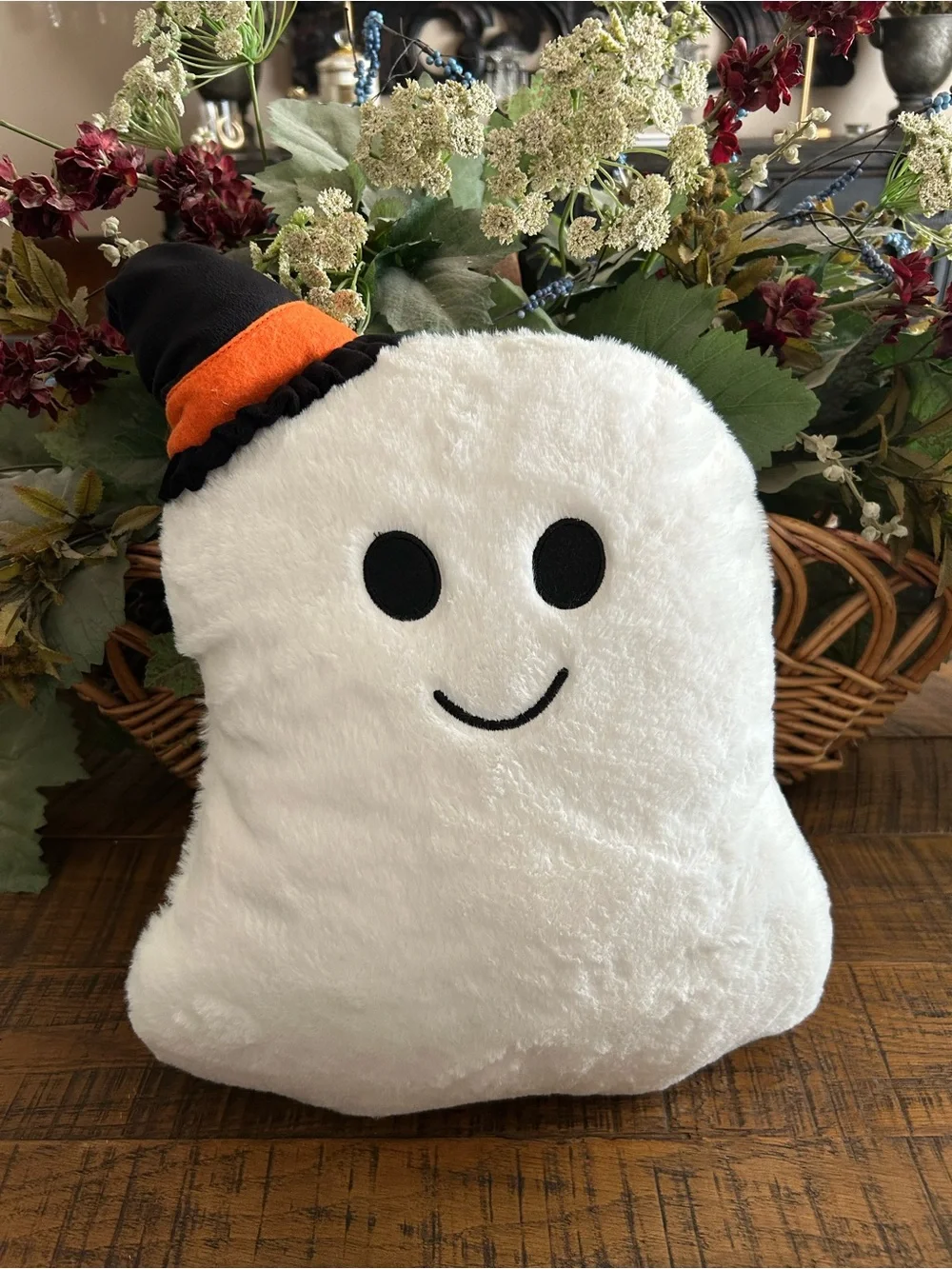 Plush White Ghost Accent Pillow with Orange & Black Hat